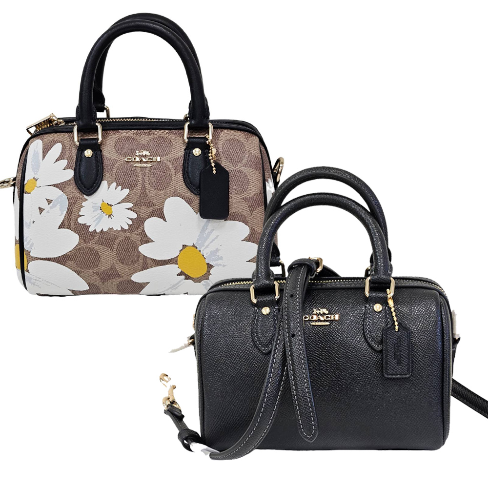 COACH 迷你LOGO手提/斜背二用波士頓包/棕褐雛菊/贈原廠防塵袋紙袋