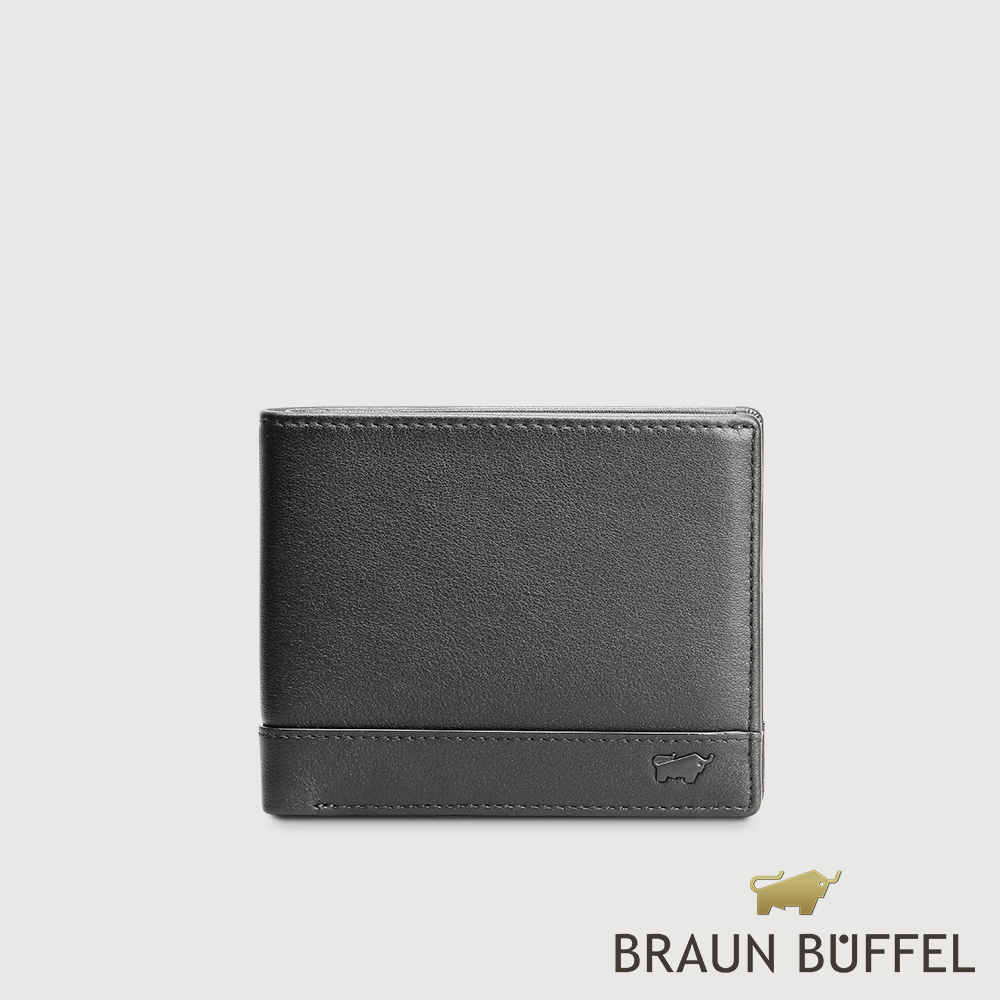 【BRAUN BUFFEL 德國小金牛】臺灣總代理 威爾 12卡中間翻透明窗短夾-黑色/BF529-317-BK