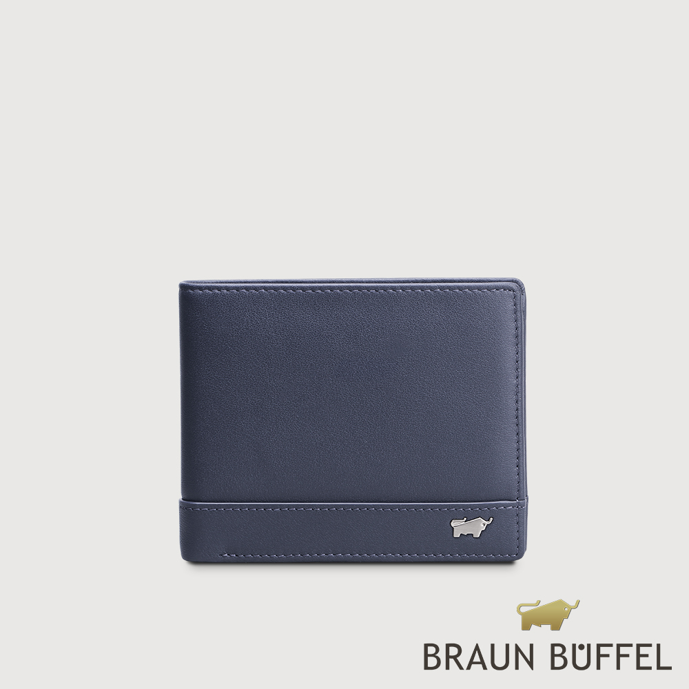 【BRAUN BUFFEL 德國小金牛】臺灣總代理 威爾 8卡中間翻零錢袋短夾-午夜藍/BF529-318-MNB