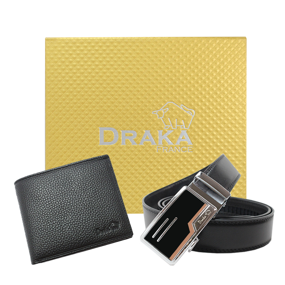 DRAKA 達卡 - 黃金禮盒 真皮皮夾+自動皮帶-7302