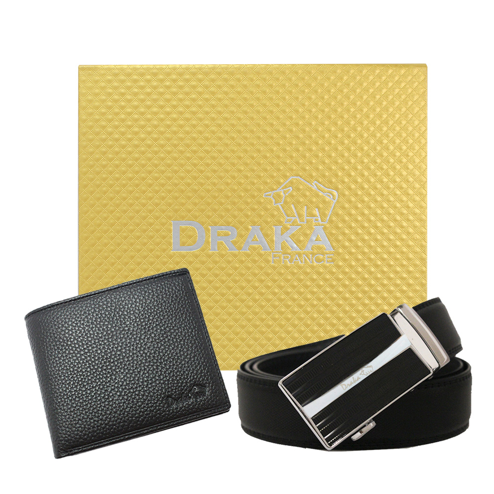DRAKA 達卡 - 黃金禮盒 真皮皮夾+自動皮帶-7309
