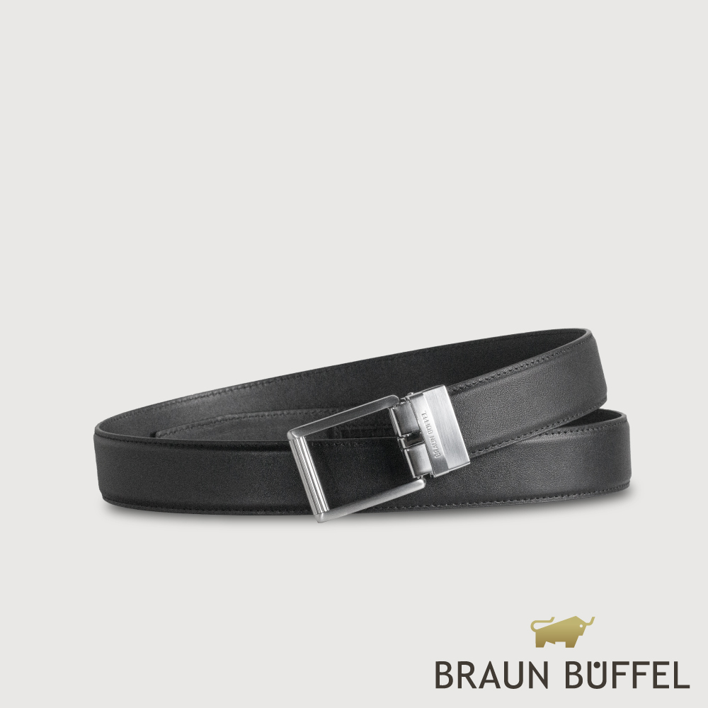 【BRAUN BUFFEL 德國小金牛】臺灣總代理 時尚紳士 前推式鏤空自動扣皮帶-銀色/BF25S-RO032-SNK