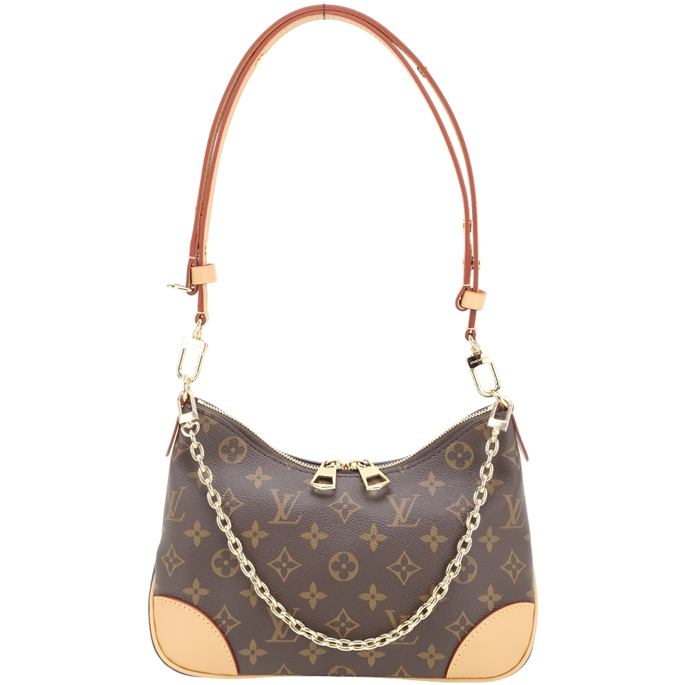 Louis Vuitton 路易威登 LV M45832 Boulogne 老花塗層帆布拼牛皮鍊帶肩背腋下包(咖啡x卡其)