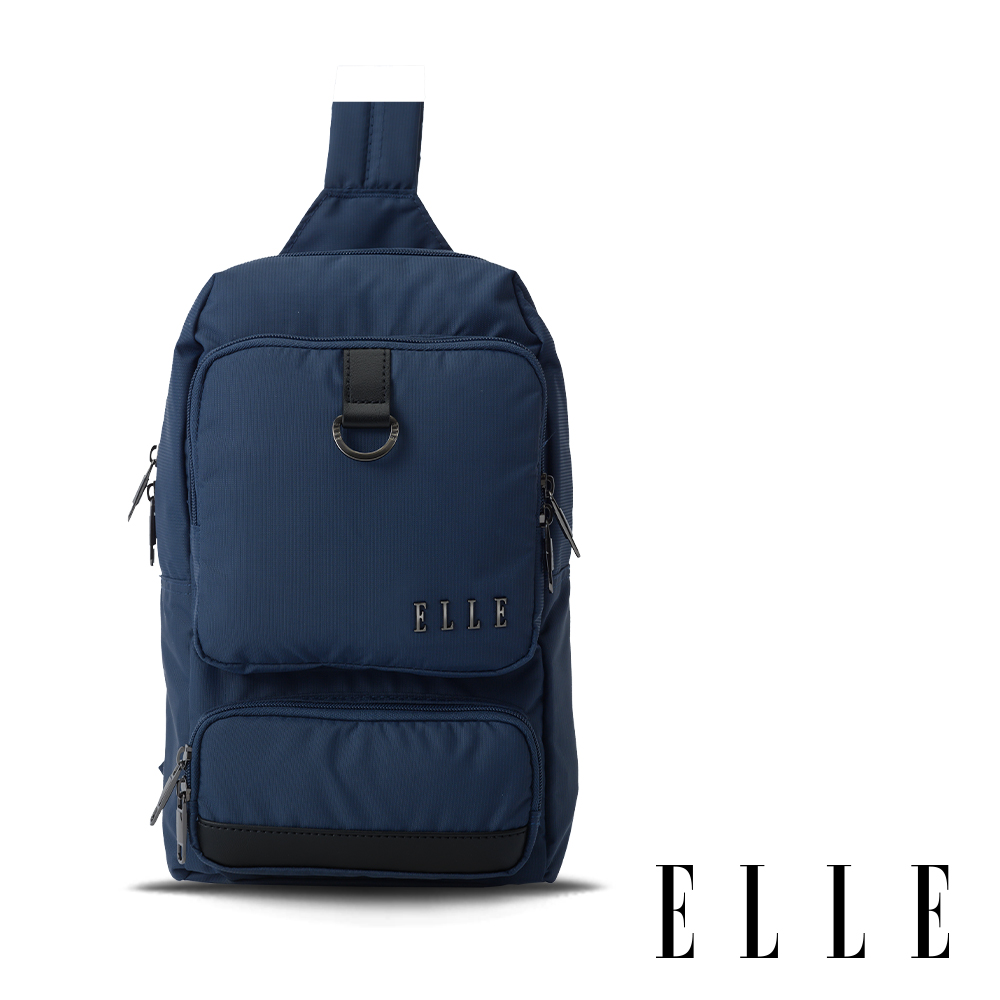 ELLE 都市再生系列 輕量多隔層搭配皮革設計休閒單肩包-藍 EL83933