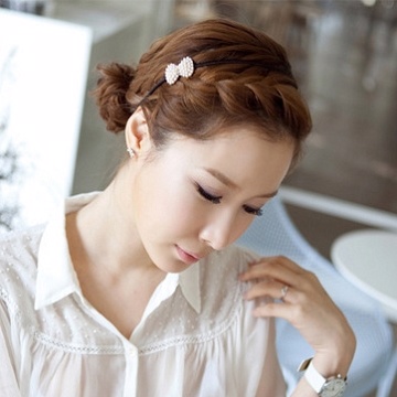 Charme 韓國熱賣品 時尚氣質金色珍珠水鑽蝴蝶結 髮箍