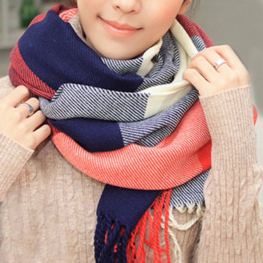 【幸福揚邑】羊絨質感格紋保暖圍巾/披肩-棗紅藍格