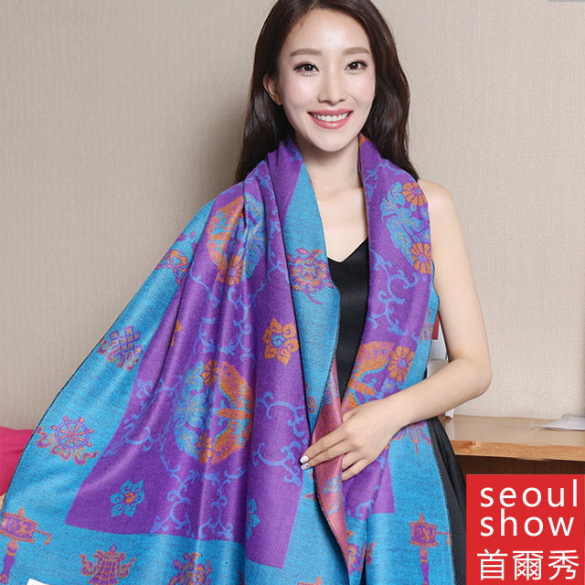 Seoul Show 藏傳花間 仿羊絨圍巾披肩 湖藍框紫色底