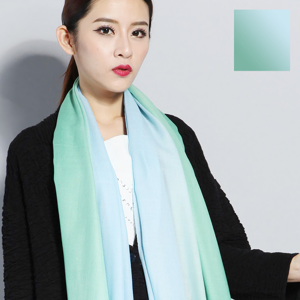 Seoul Show 漸變撞色100%純羊毛80支圍巾披肩8色 淺綠天藍漸變