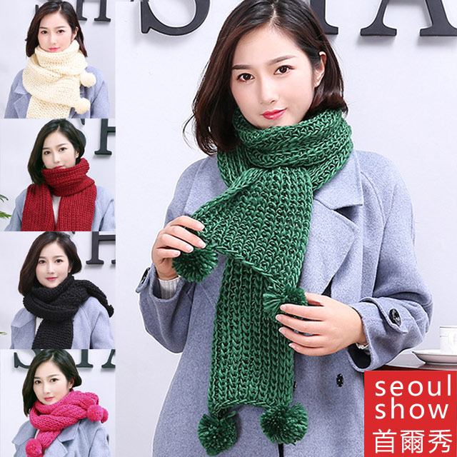 Seoul Show首爾秀 韓版加厚馬海毛棒針毛球圍巾
