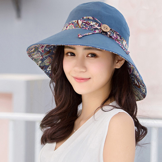 【幸福揚邑】愛心紋大帽檐抗UV防紫外線雙面配戴可摺疊遮陽帽-藍