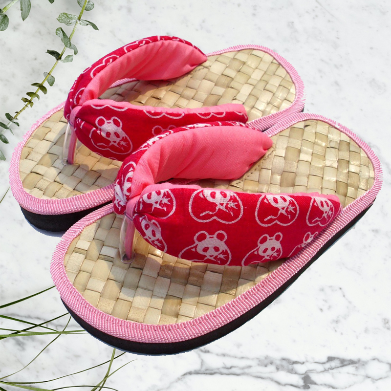 熊貓森林-兒童手工草編拖鞋-粉紅色夾腳