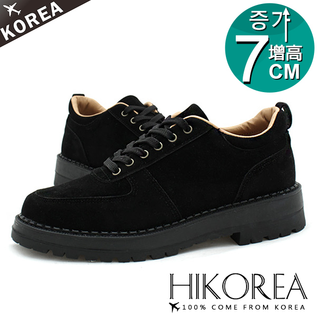 【HIKOREA】正韓製/版型正常。男款增高7CM素面麂皮拼接綁帶微跟休閒鞋(73-352黑)