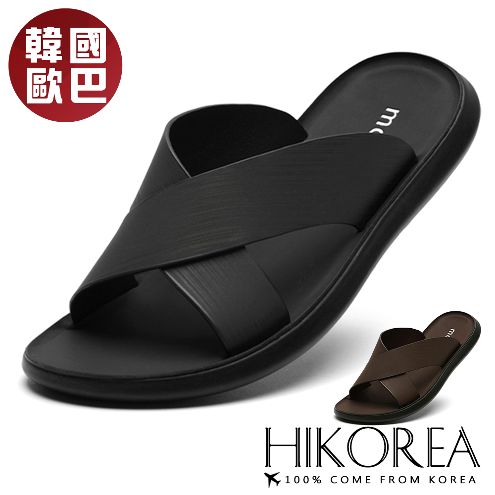 【HIKOREA】韓國空運。韓國男士交叉款皮革涼托鞋托鞋懶人鞋(73-500黑/咖共2色/現貨+預購)