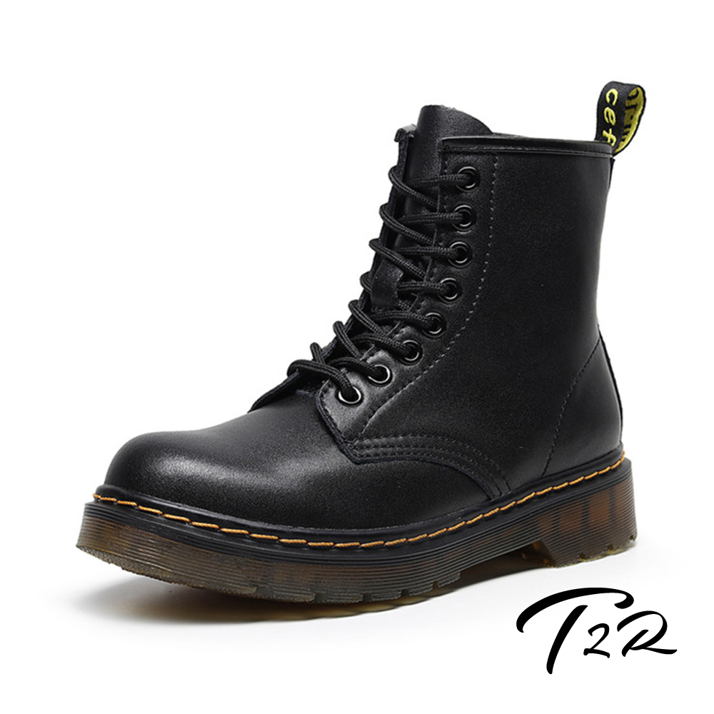【T2R】正韓空運-真皮綁帶拉鍊馬丁靴-增高約3公分-黑