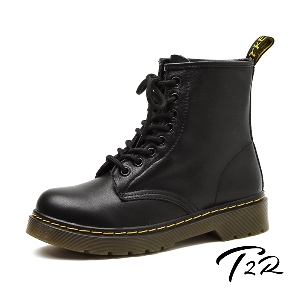 【T2R】正韓空運-真皮軟皮綁帶內增高短筒馬丁靴-增高約6公分-黑(5985-2403)