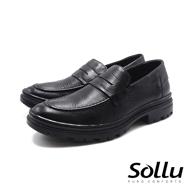 Sollu 巴西專櫃 真皮粗礦工業風樂福皮鞋-黑