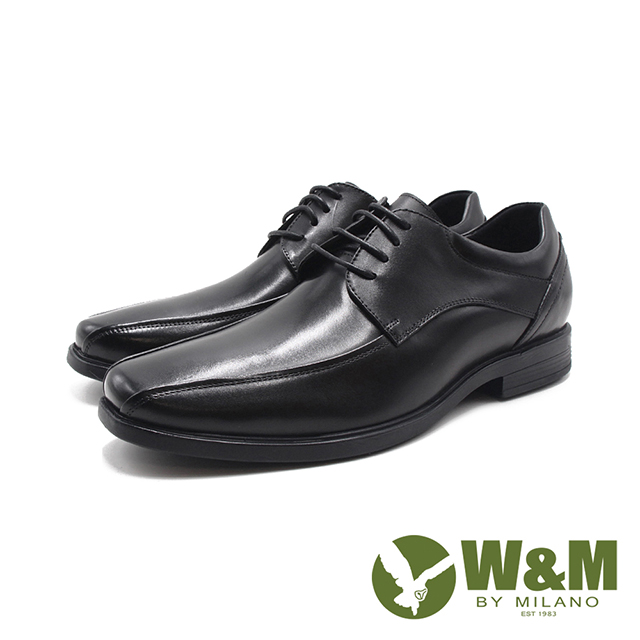 W&M(男)圓方頭雙線條綁帶款皮鞋 男鞋-黑色