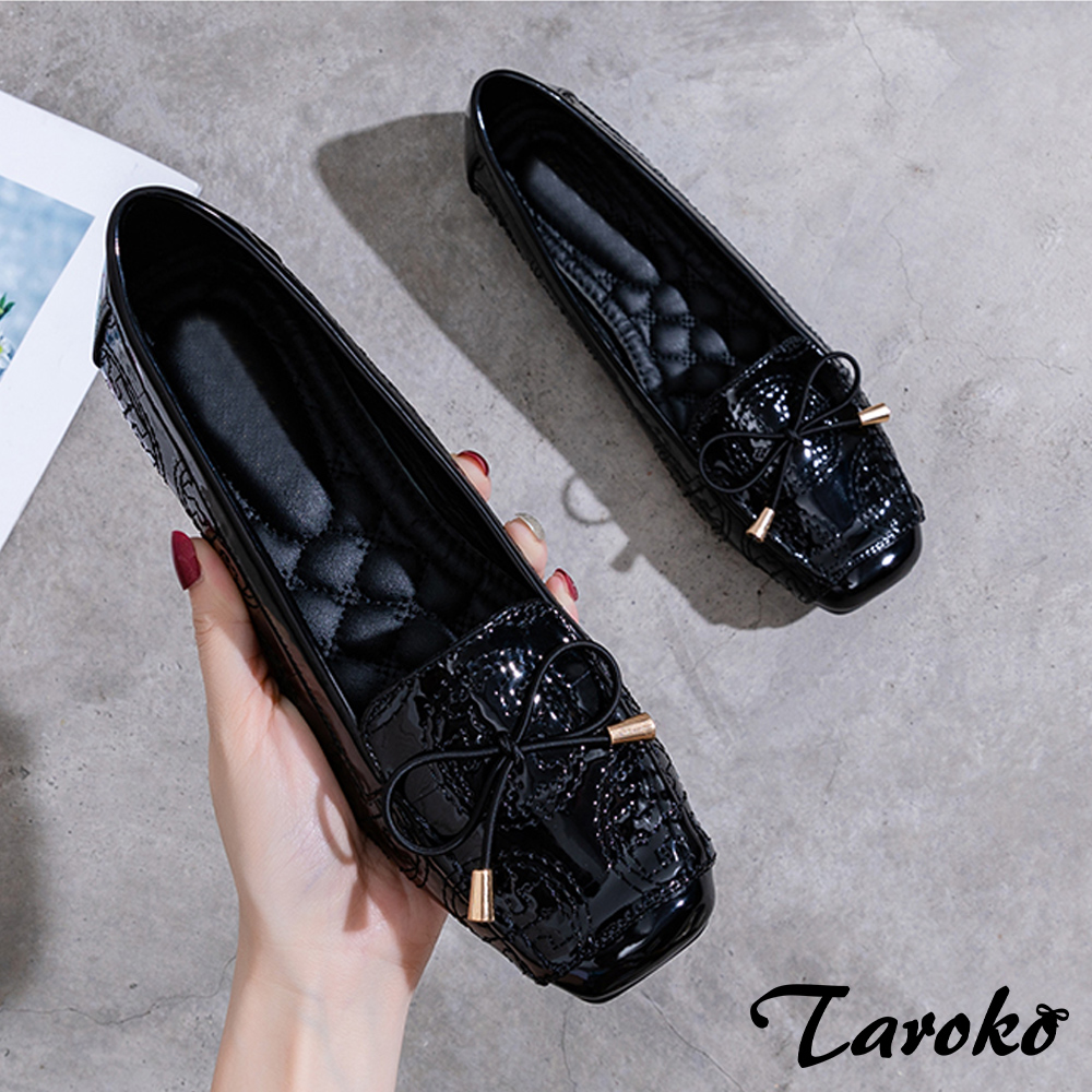 【Taroko】蝴蝶結花紋縫線低跟娃娃鞋(黑色)