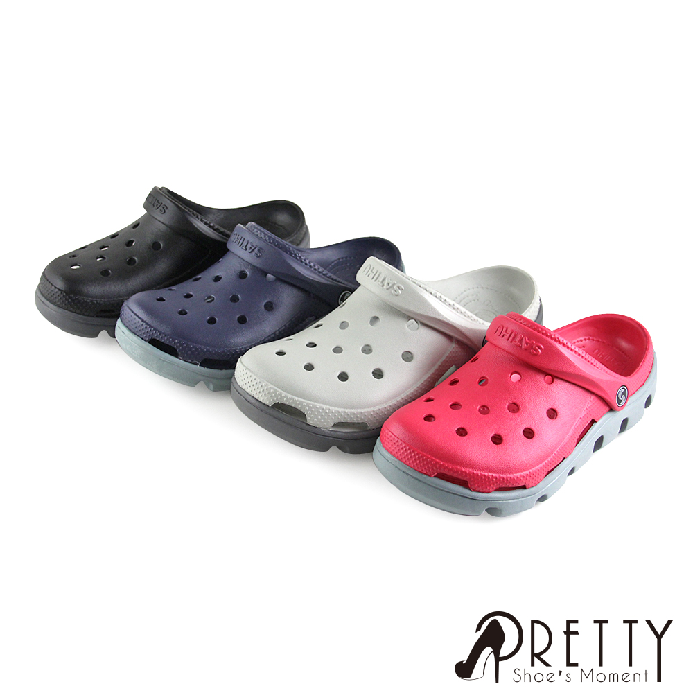 【Pretty】男女款/女大尺碼雙彩孔洞兩穿式厚底防水休閒涼拖鞋S-02120