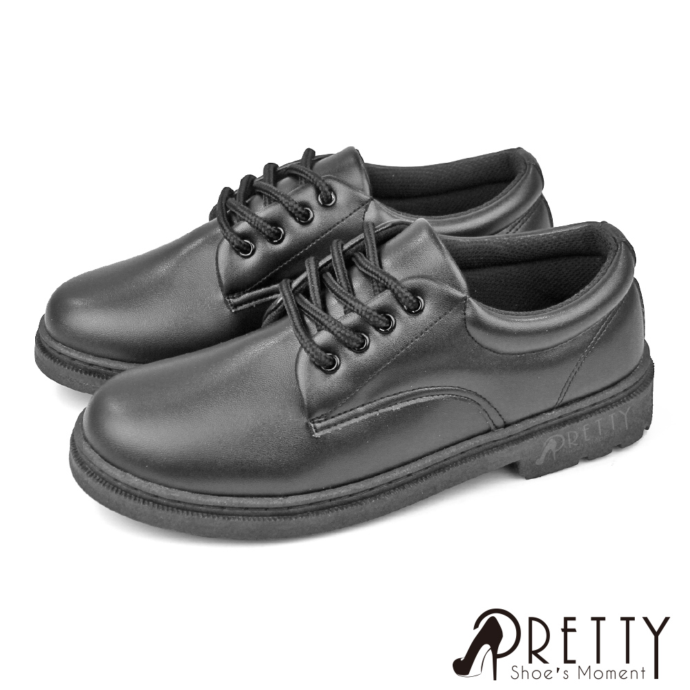 【Pretty】女 學生鞋 學生皮鞋 全黑工作鞋 素面 綁帶 臺灣製N-29040