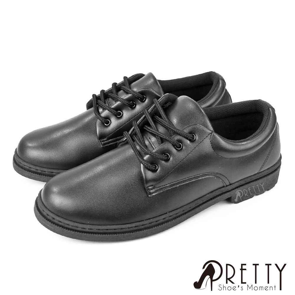 【Pretty】男 女大尺碼 學生鞋 學生皮鞋 全黑工作鞋 素面 綁帶 臺灣製N-19050