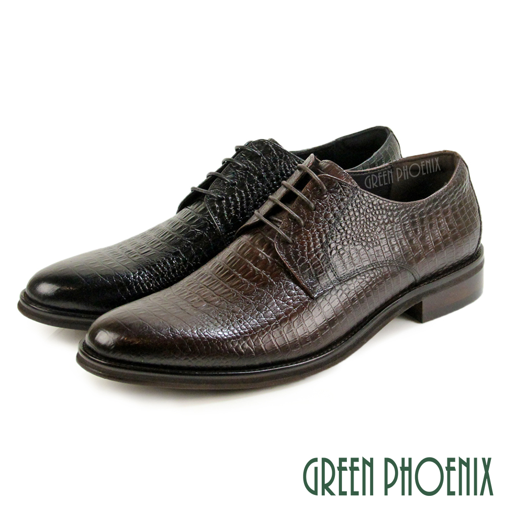 【GREEN PHOENIX 】男款精緻鱷魚紋壓花綁帶全真皮通勤/商務/德比/紳士皮鞋T9-13256