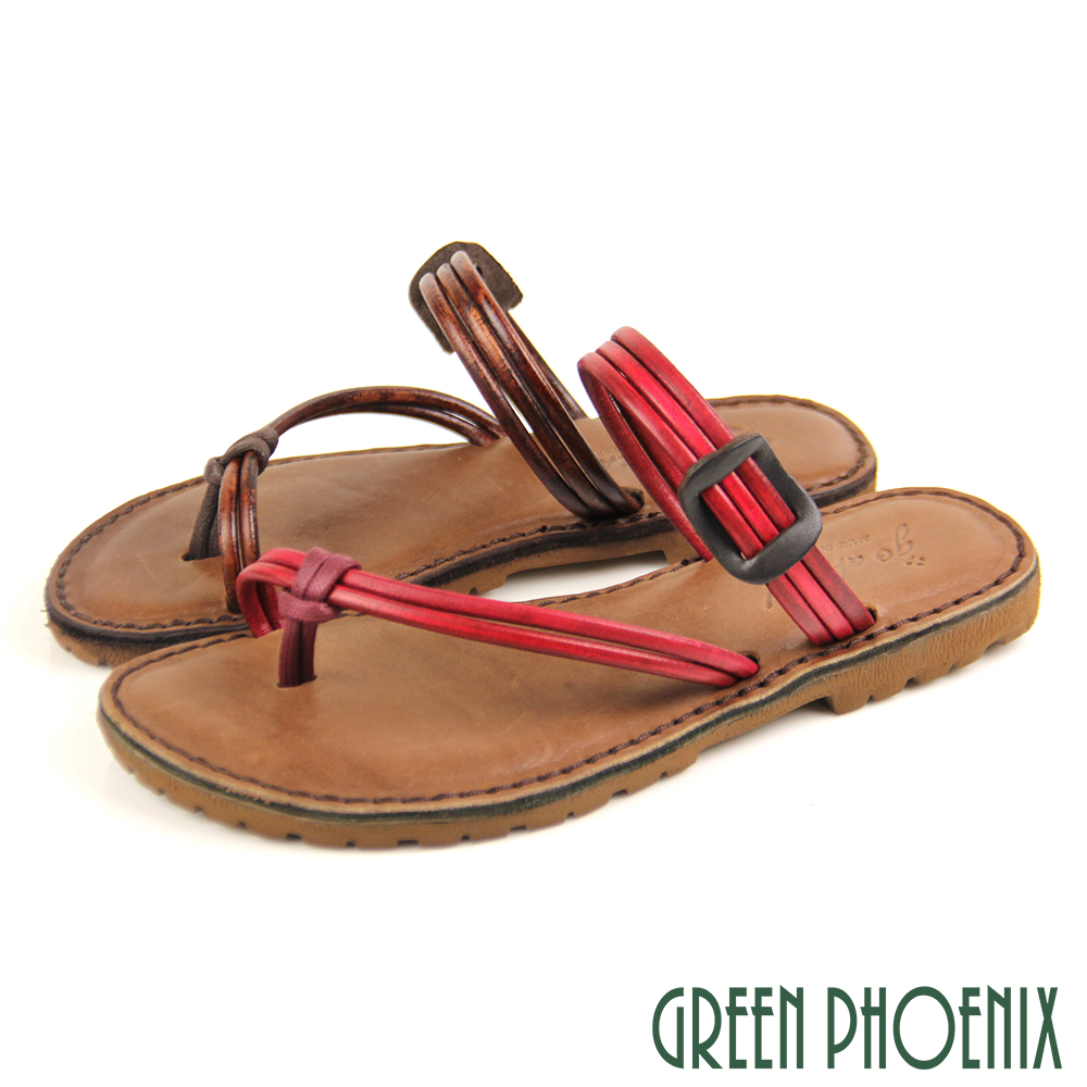 【GREEN PHOENIX 波兒德】台灣製純色扭結套趾兩用全真皮平底夾腳涼拖鞋U60-28011