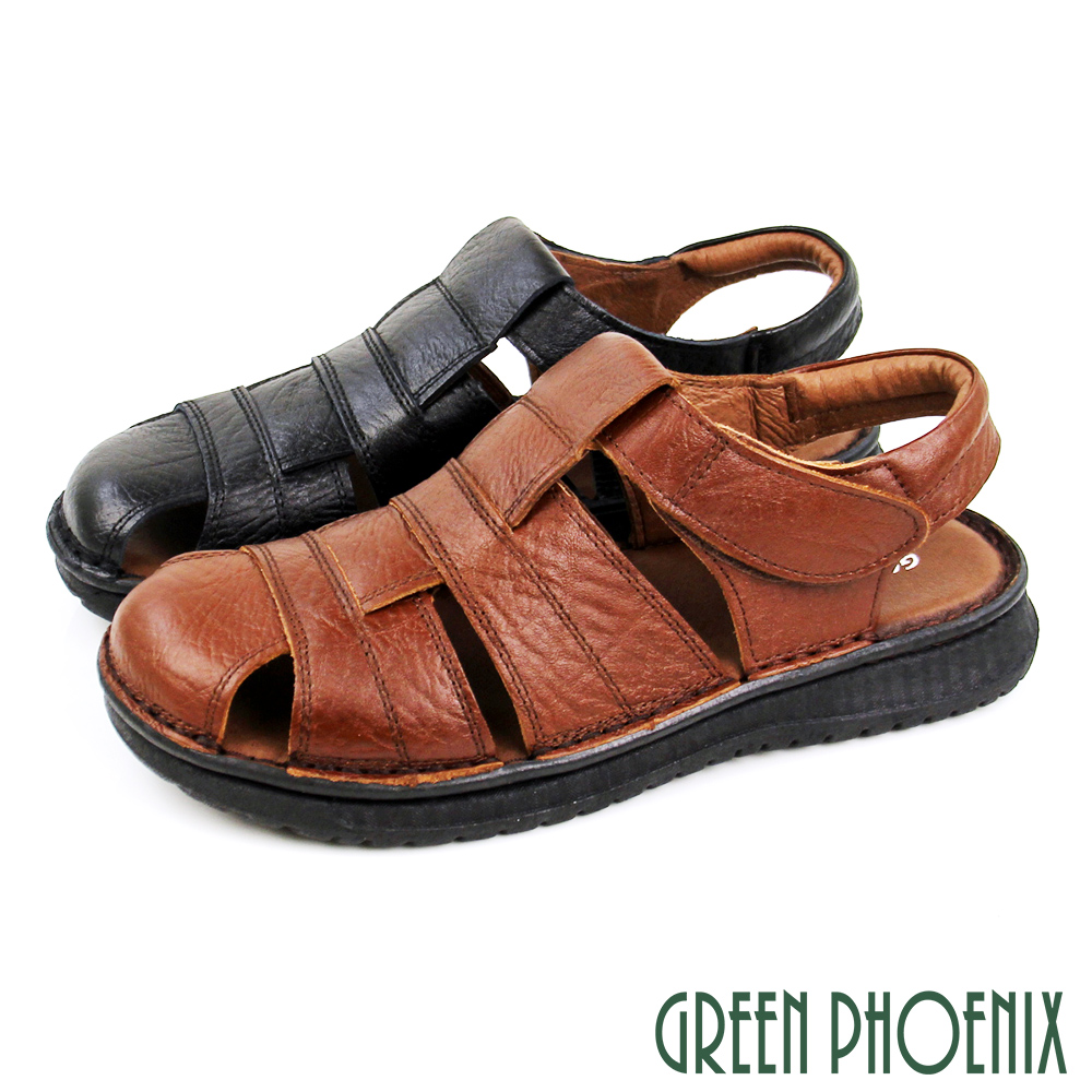 【GREEN PHOENIX 】台灣手工縫製簍空全真皮沾黏式平底護趾涼鞋T12-12769