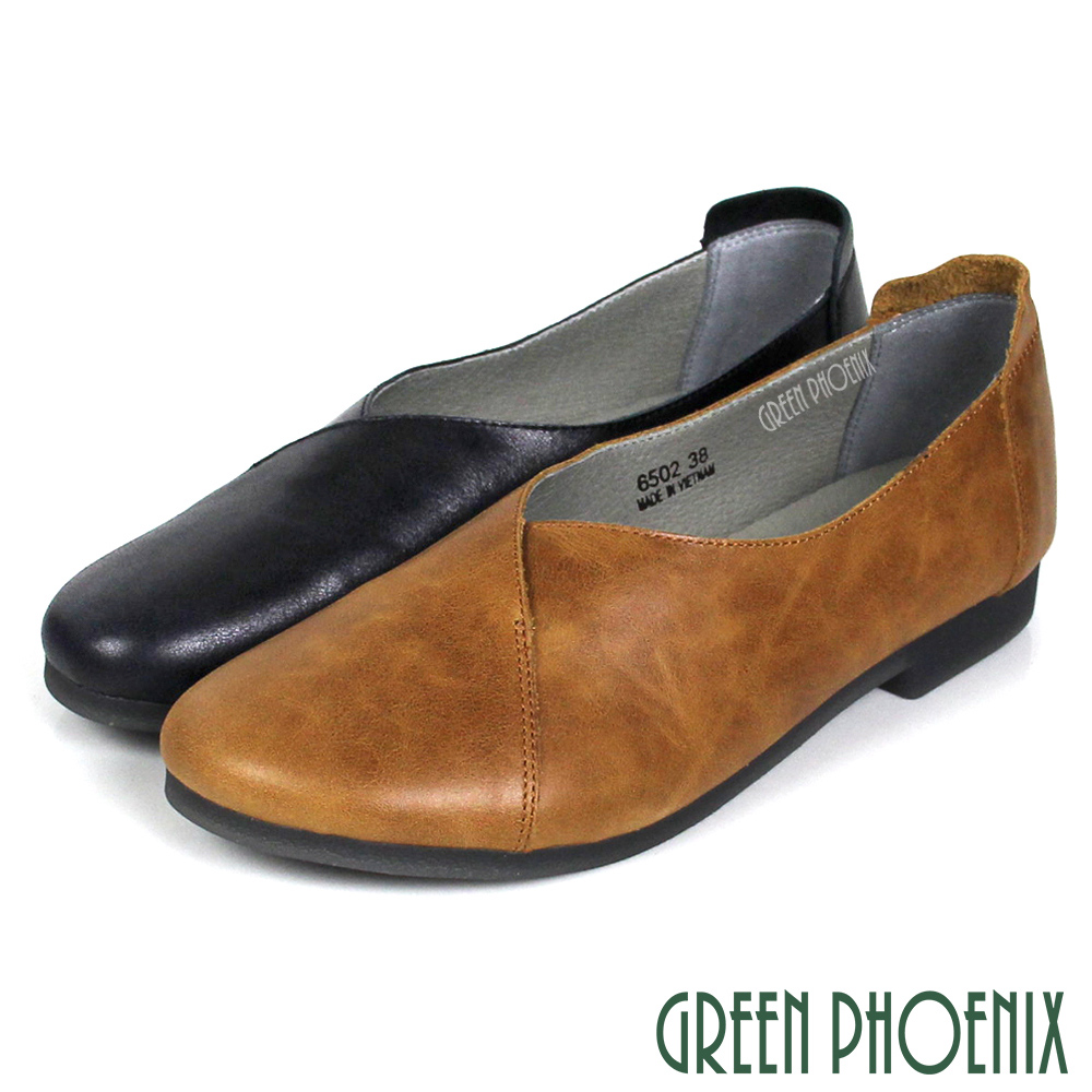 【GREEN PHOENIX 波兒德】內斂質感V型剪裁全真皮低跟包鞋U60-26502