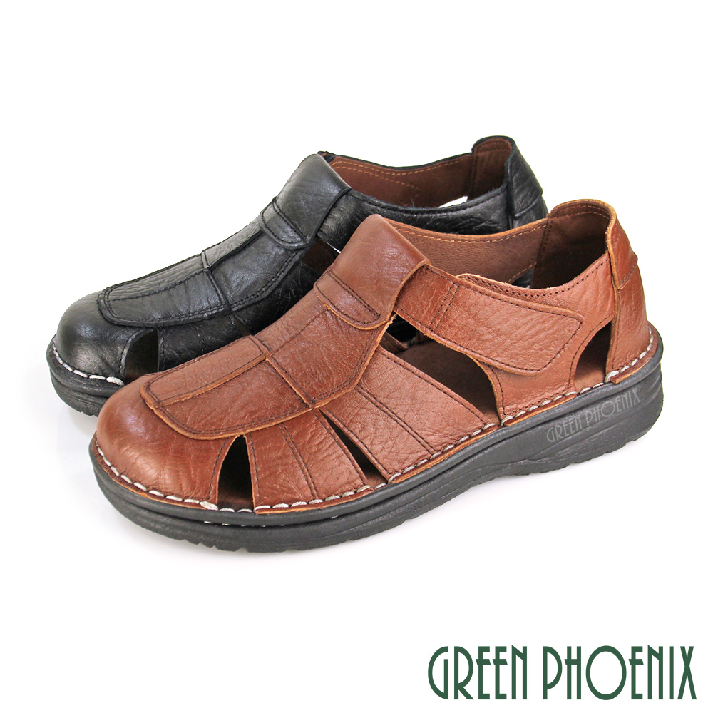 【GREEN PHOENIX 】台灣手工縫製寬帶簍空全真皮沾黏式平底護趾厚底涼鞋T12-12777