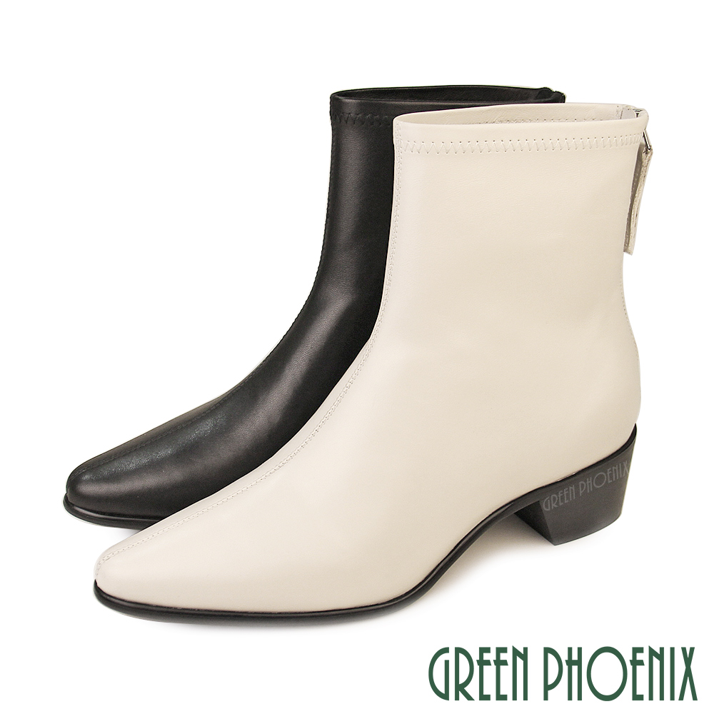 【GREEN PHOENIX 波兒德】極簡主義小羊皮貼腿尖頭粗中跟短靴/馬靴U21-22505