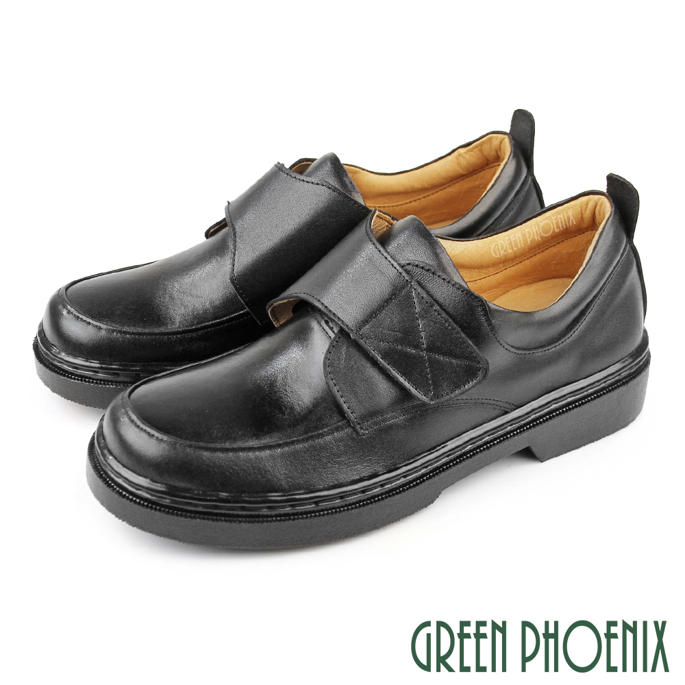 【GREEN PHOENIX 波兒德】台灣製基本款沾黏式全真皮平底學生鞋/女學生鞋S-22203