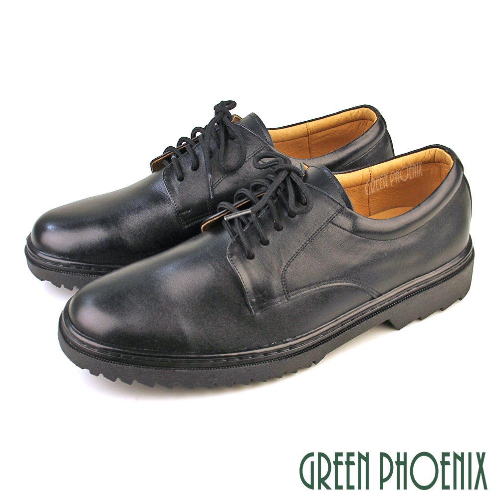 【GREEN PHOENIX】基本款素面綁帶全真皮平底男學生皮鞋/商務皮鞋S-11105