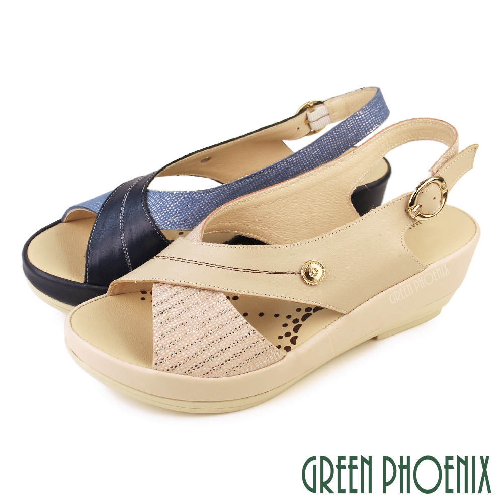 【GREEN PHOENIX 波兒德】女款交叉金釦全真皮厚底楔型涼鞋U27-2A316