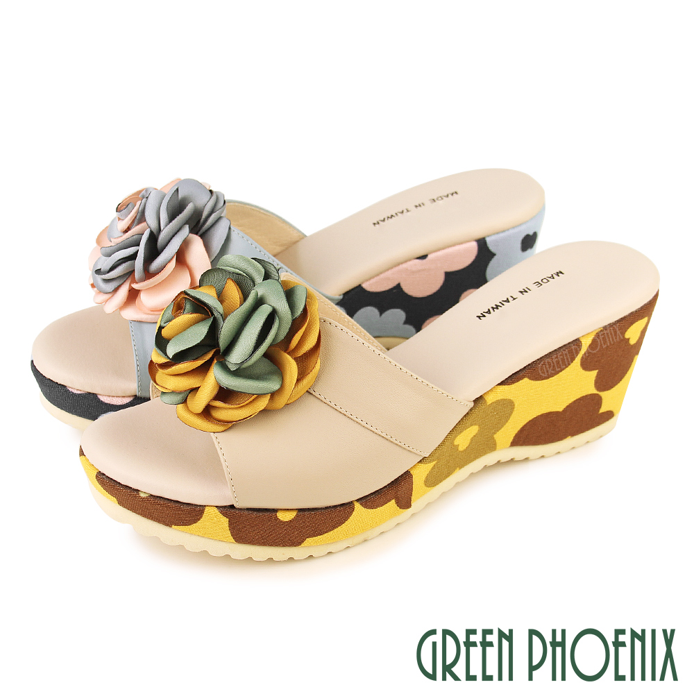 【GREEN PHOENIX 波兒德】女款雙彩玫瑰全真皮輕量厚底楔型拖鞋U27-20914