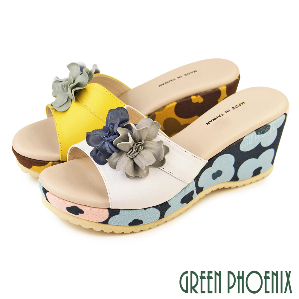 【GREEN PHOENIX 波兒德】女 拖鞋 厚底 楔型 全真皮 輕量 花朵U27-20895
