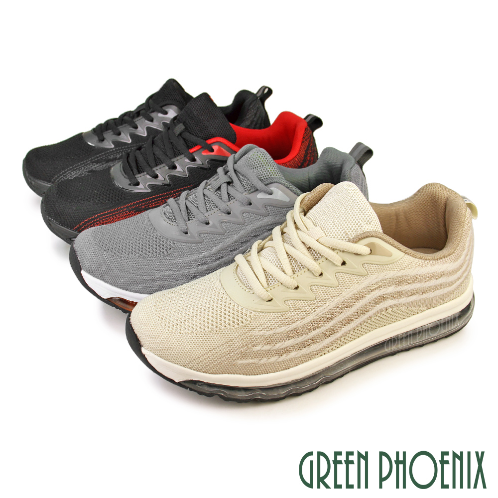 【GREEN PHOENIX 】男款透氣網布全氣墊彈力吸震綁帶厚底運動休閒鞋N-12303