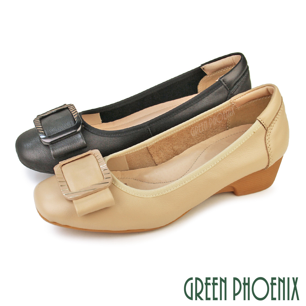 【GREEN PHOENIX 波兒德】女 娃娃鞋 包鞋 全真皮 楔型 厚底 小坡跟 蝴蝶結 OL 通勤 上班U60-21680