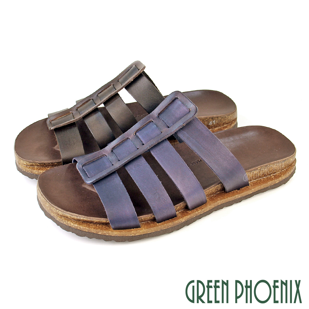 【GREEN PHOENIX】男 拖鞋 全真皮 魚骨 鏤空 平底 純手工 臺灣製T36-10314