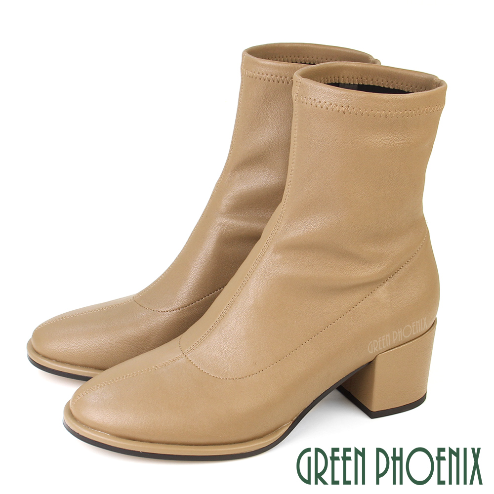 【GREEN PHOENIX 波兒德】女靴 短靴 貼腿靴 粗跟 高跟 素面 小羊皮 萊卡 真皮 短筒U21-23523
