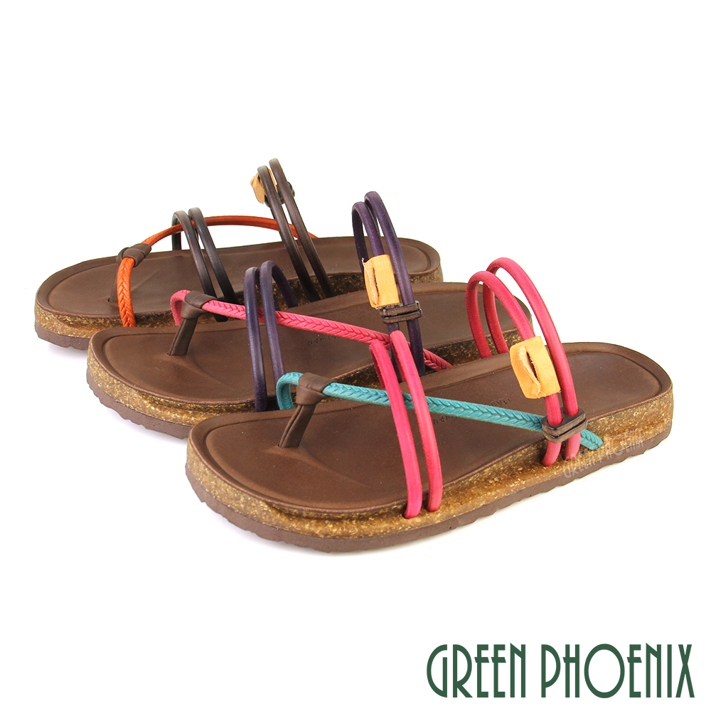 【GREEN PHOENIX 波兒德】台灣製 撞色扭結 套趾 兩用 全真皮 平底 涼拖鞋U9-20312