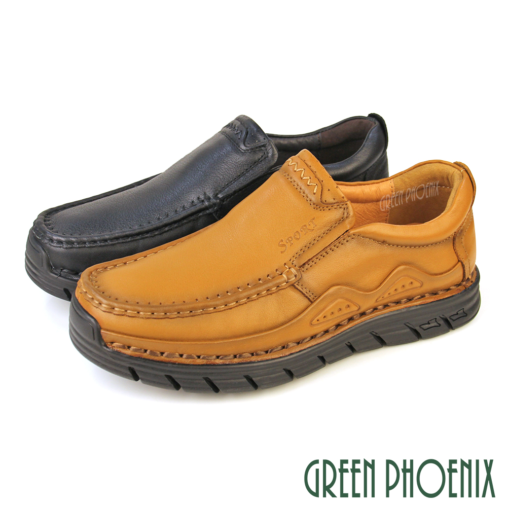 【GREEN PHOENIX】男 休閒鞋 休閒皮鞋 厚底 全真皮 吸震減壓 商務通勤T32-19816