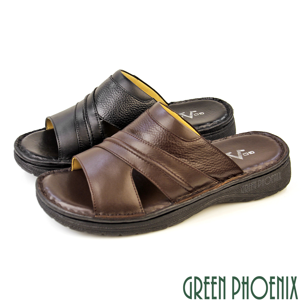 【GREEN PHOENIX 】男鞋 拖鞋 全真皮 牛皮 吸震減壓 手縫 厚底 臺灣製T12-18022