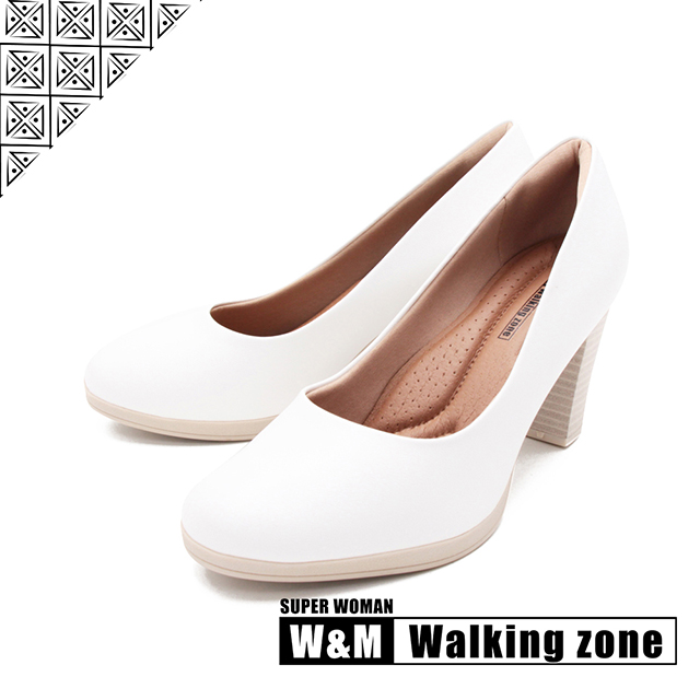 WALKING ZONE SUPER WOMAN系列 圓頭素面高跟鞋 女鞋-白(另有黑.咖.卡其)