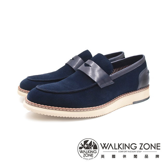 WALKING ZONE(男)雙拼異材質牛皮樂福休閒鞋 男鞋-藍色