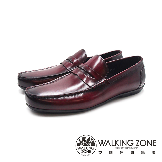 WALKING ZONE(男)圓頭軟彈力舒適樂福皮鞋 男鞋-酒紅色