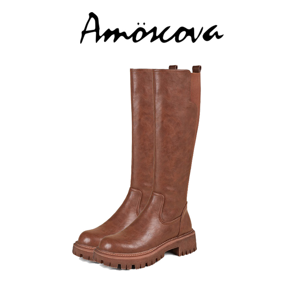 【Amoscova】顯瘦真皮女靴 真牛皮長靴 頭層牛皮高筒靴 長筒馬汀靴 女鞋(1675)-棕色