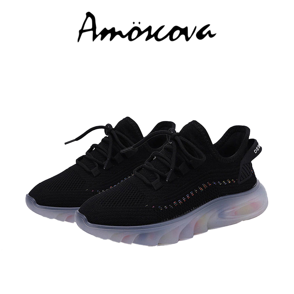 【Amoscova】女鞋 飛織鞋 運動鞋 休閒鞋 慢跑鞋 健走鞋 增高鞋(1682)-黑色