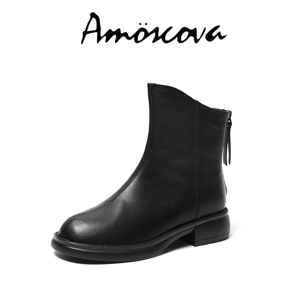【Amoscova】(黑色) 真皮女靴 短筒靴 頭層牛皮 切爾西馬汀靴 靴子 女鞋(1698)