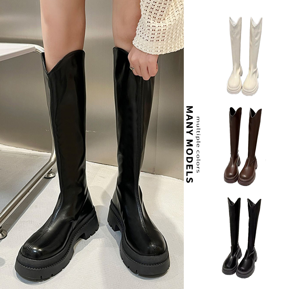 【Amoscova】(黑色)女靴 顯瘦長筒靴 高筒靴 騎士靴 V口修腳型 中跟靴 長筒馬汀靴 女鞋(1705)